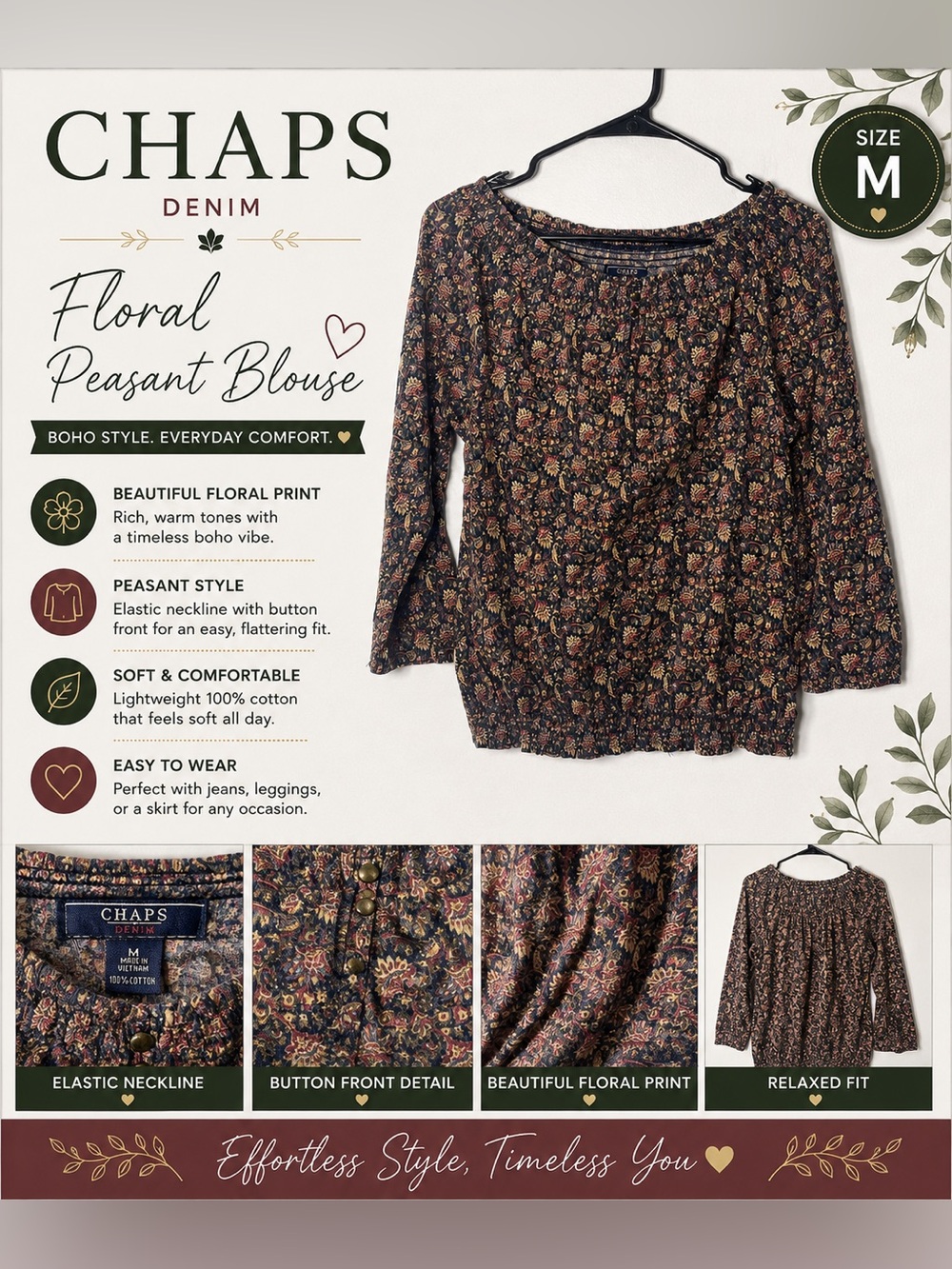 Chaps Floral Peasant Blouse in Brown and Olive